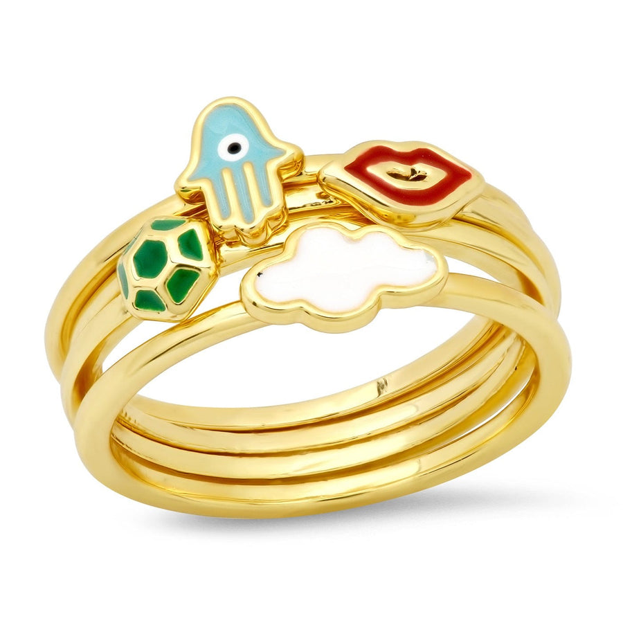 TAI Jewelry Ring Enamel Ring Stack Set- Hamsa, Lip, Hexagon, and Cloud