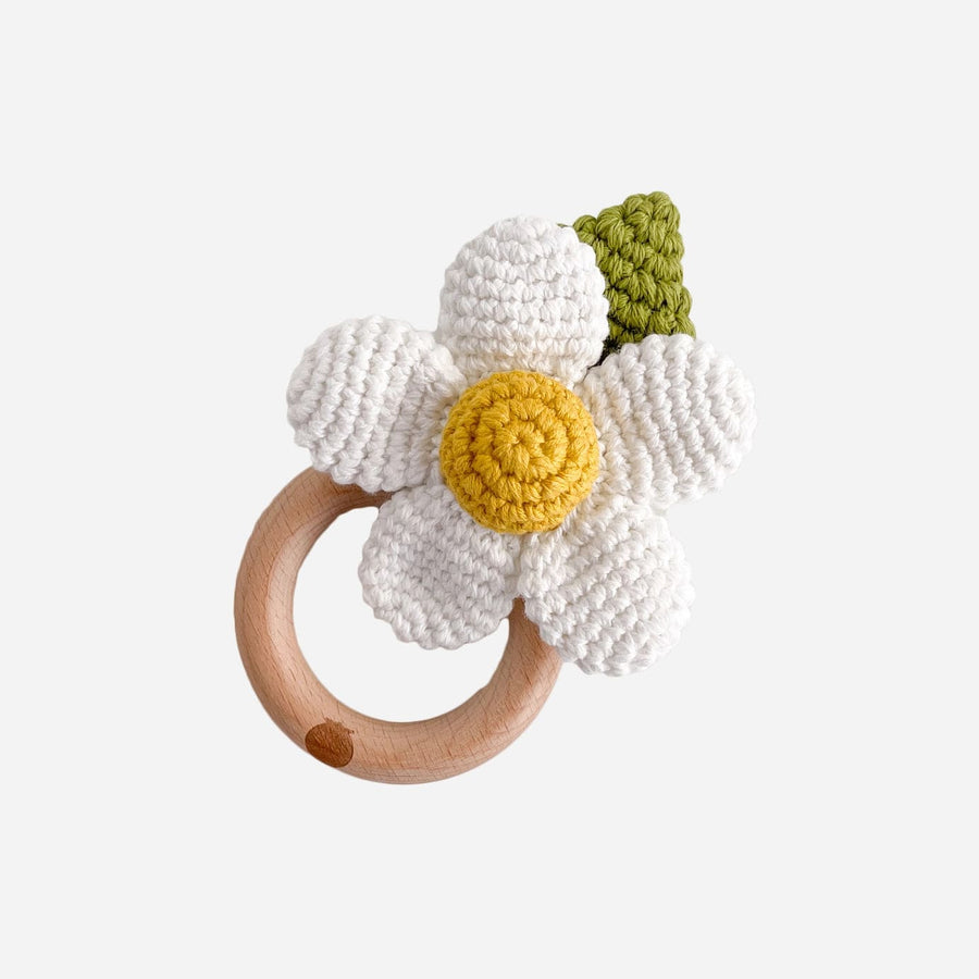 The Blueberry Hill Teether Cotton Crochet Rattle Teether Flower, White | Baby Toys