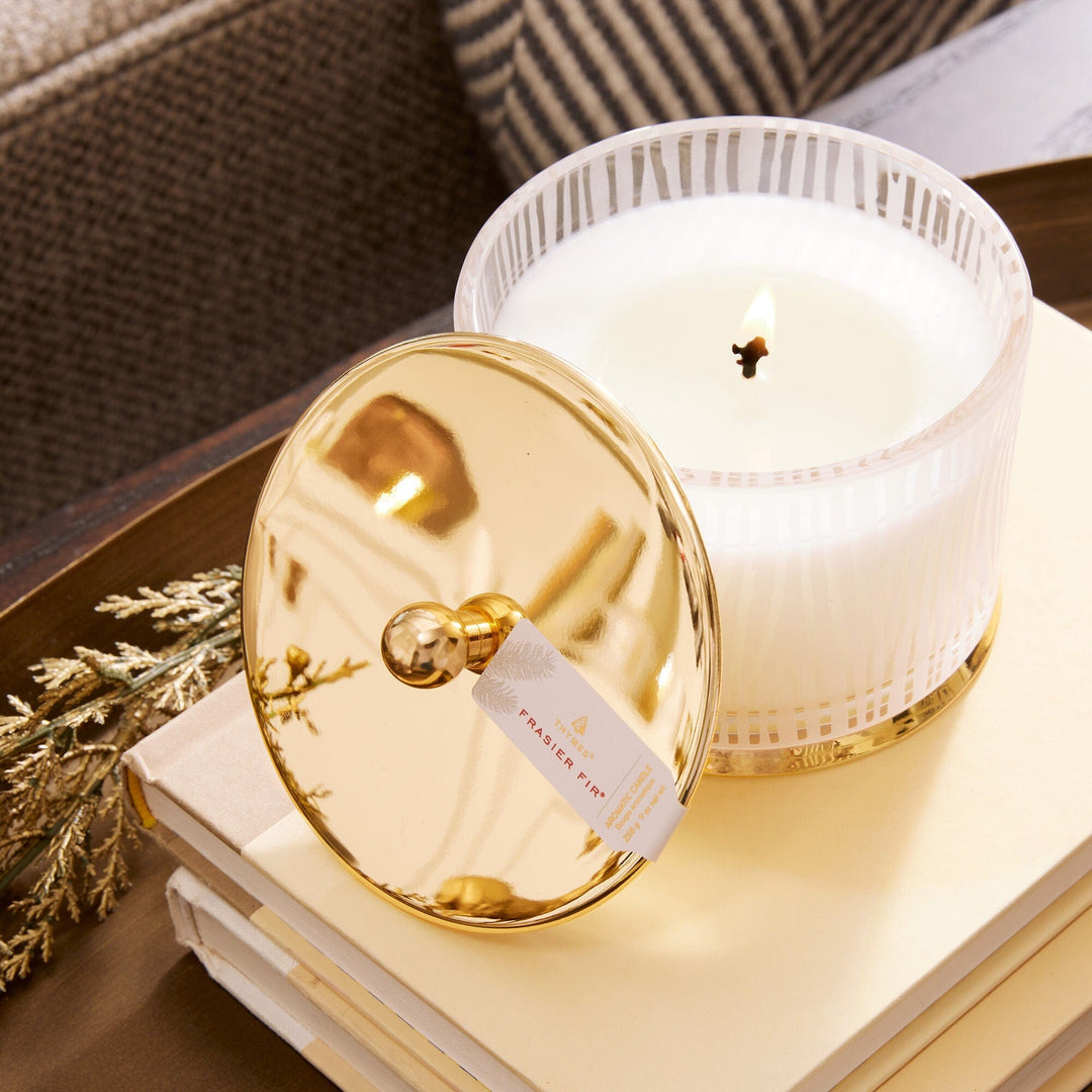 Thymes Candle Frasier Fir Medium Poured Candle, Frosted Wood Grain