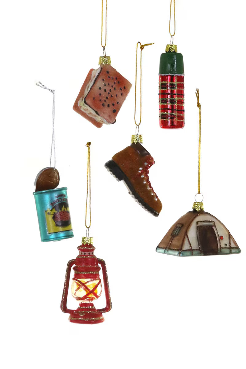 Set of Christmas ornaments including a lantern, tent, and other items on a white background