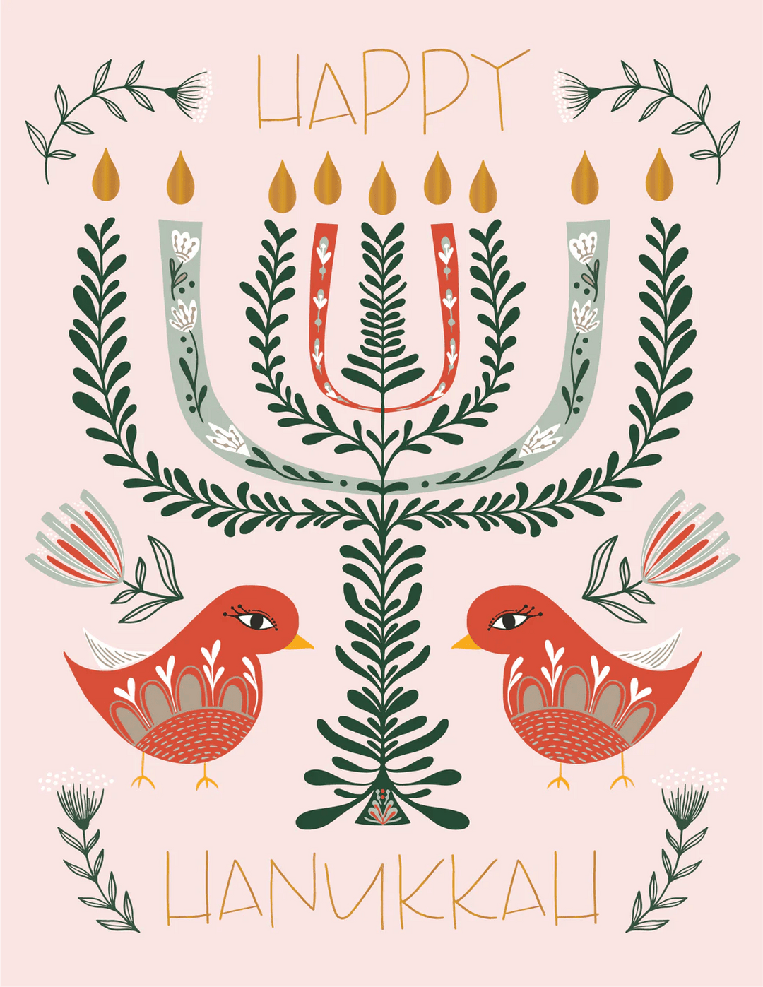 Amicreative Greeting Card Hanukkah Birds Gold Foil Greeting Card