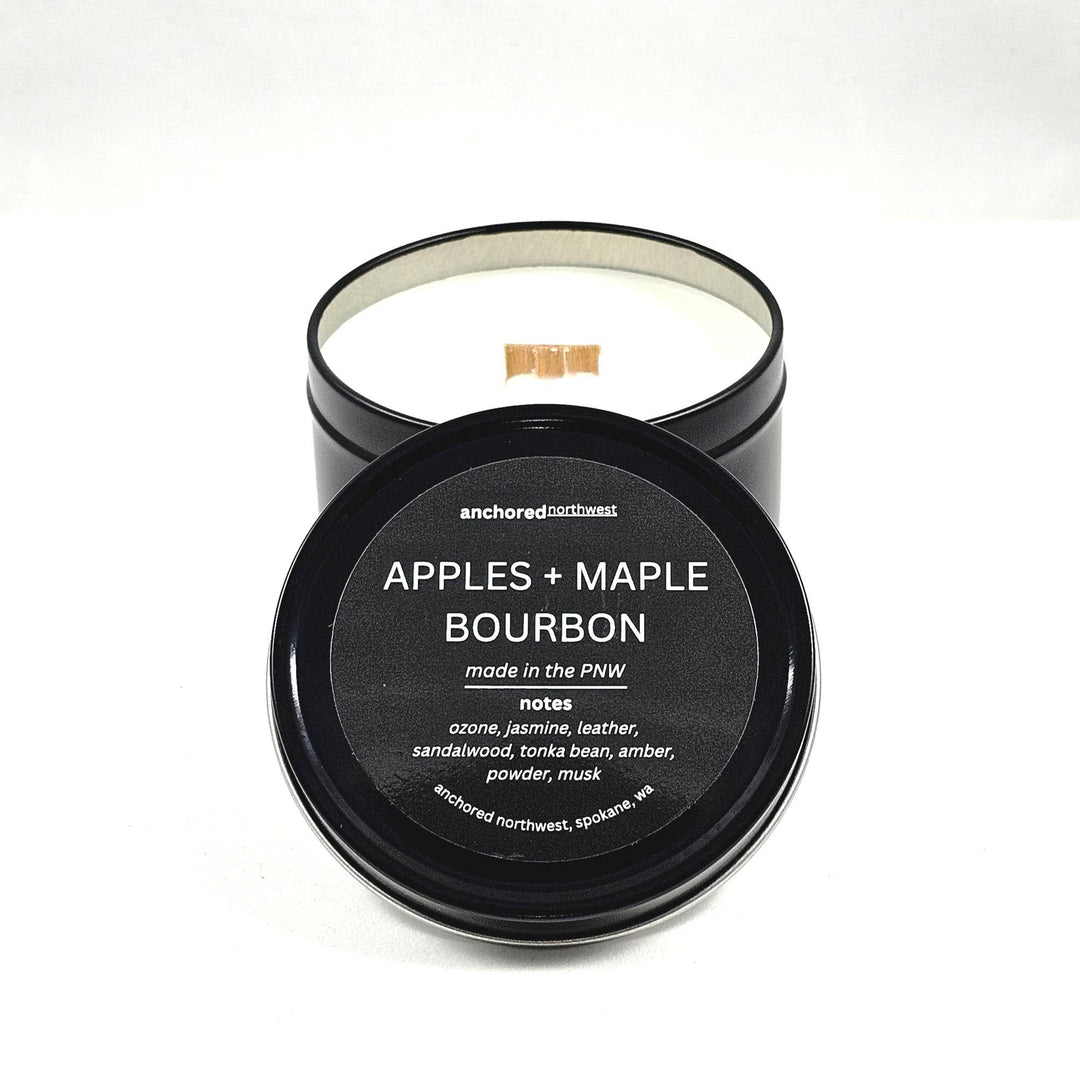 Anchored Northwest Candle Apple Maple Bourbon Travel Size Soy Candle in Tin