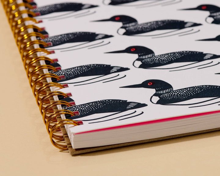 And Here We Are paper Letterpress A5 Lined Spiral Notebook—Loon Birds Pattern