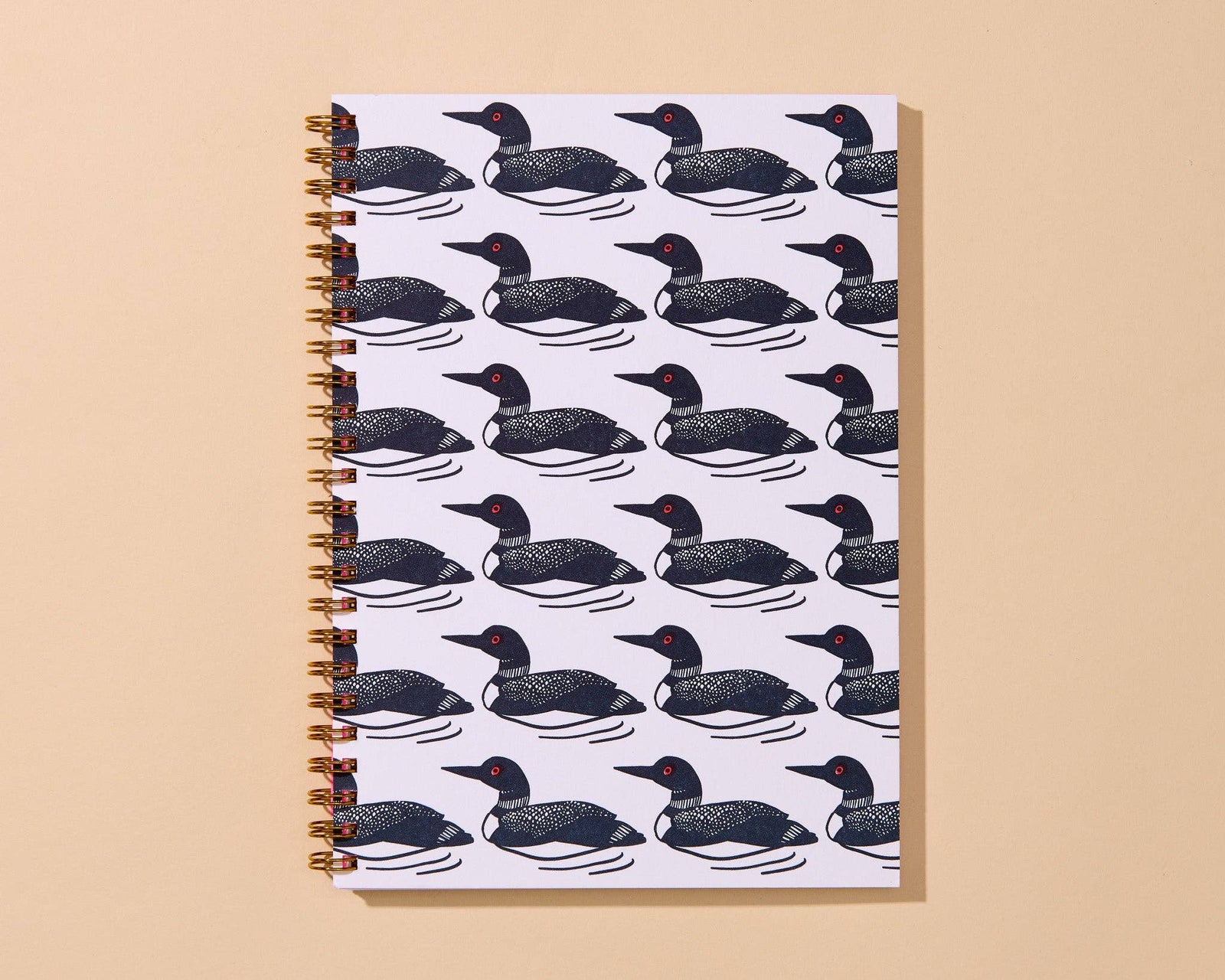 And Here We Are paper Letterpress A5 Lined Spiral Notebook—Loon Birds Pattern