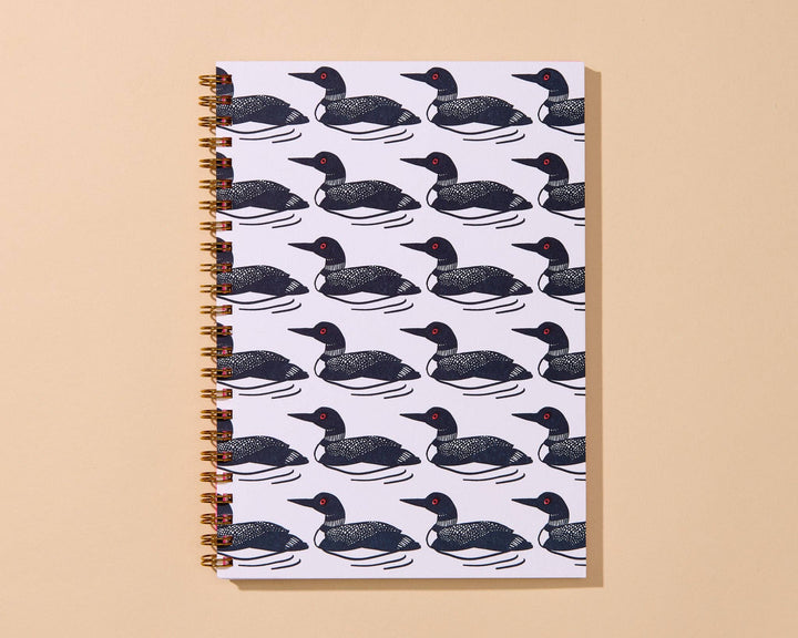 And Here We Are paper Letterpress A5 Lined Spiral Notebook—Loon Birds Pattern