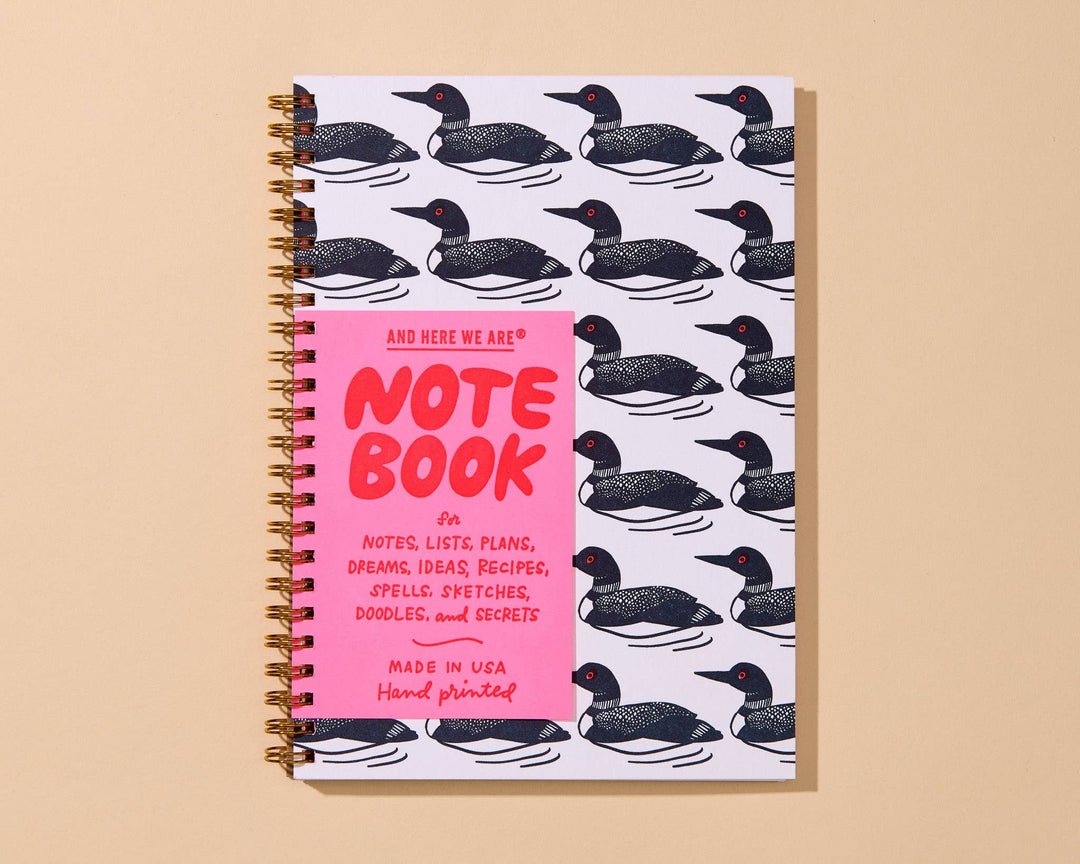 And Here We Are paper Letterpress A5 Lined Spiral Notebook—Loon Birds Pattern