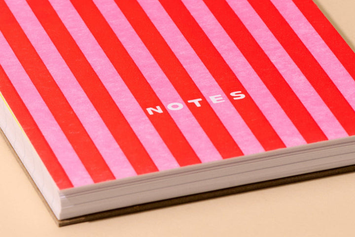 And Here We Are paper Letterpress Small Spiral Notebook—Cabana Stripe Red/Pink