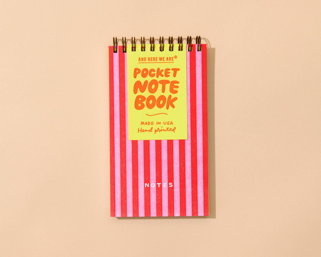 And Here We Are paper Letterpress Small Spiral Notebook—Cabana Stripe Red/Pink