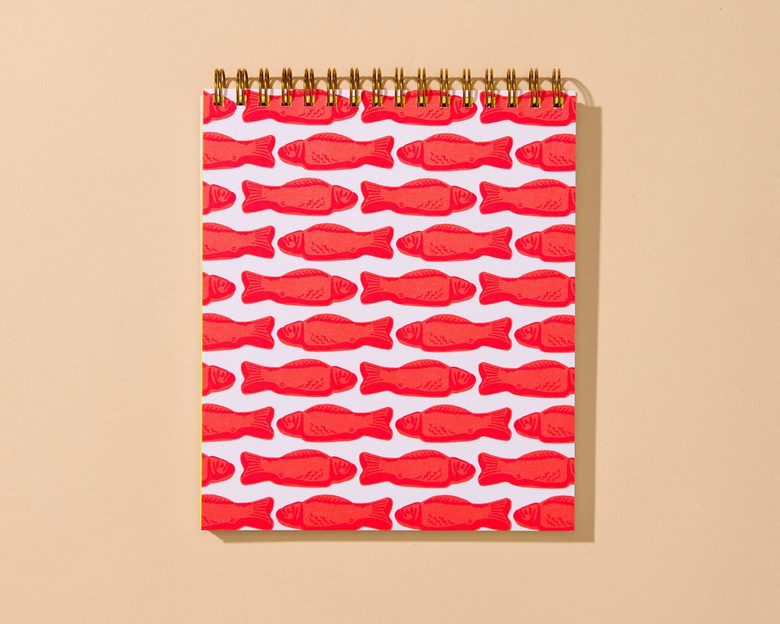 And Here We Are paper Letterpress Unlined Spiral Notebook—Red Gummy Fish