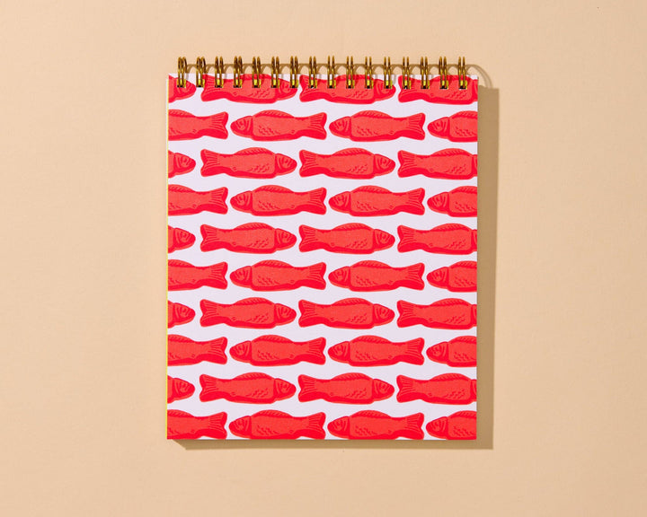 And Here We Are paper Letterpress Unlined Spiral Notebook—Red Gummy Fish