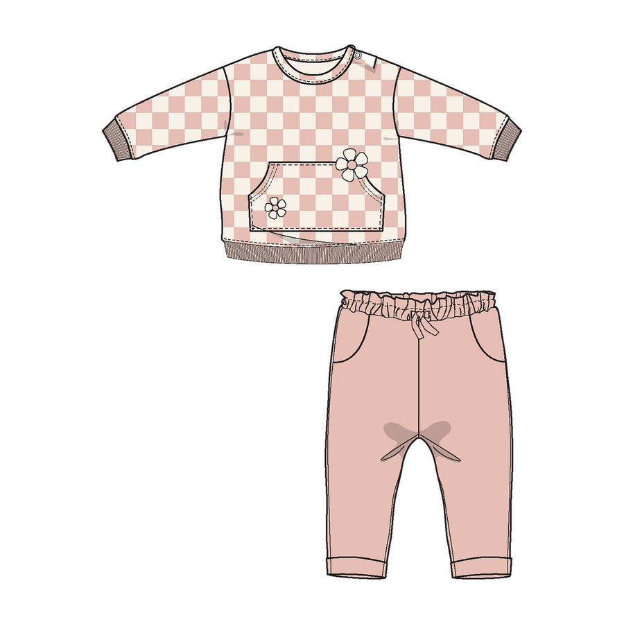 Angel Dear 2-Piece Clothing Set French Terry Checkerboard Pink - Sweatshirt W/ Daisy Patch + Jogger