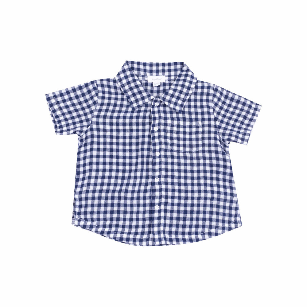 Angel Dear 2-Piece Clothing Set Navy Gingham Button Down Muslin Polo With French Terry Short