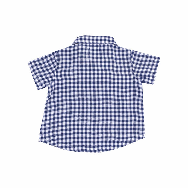 Angel Dear 2-Piece Clothing Set Navy Gingham Button Down Muslin Polo With French Terry Short