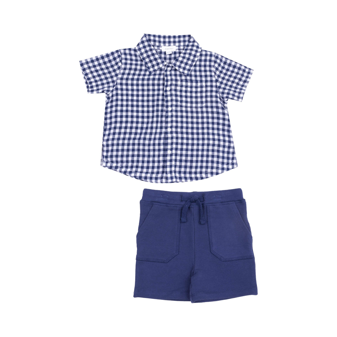 Angel Dear 2-Piece Clothing Set Navy Gingham Button Down Muslin Polo With French Terry Short