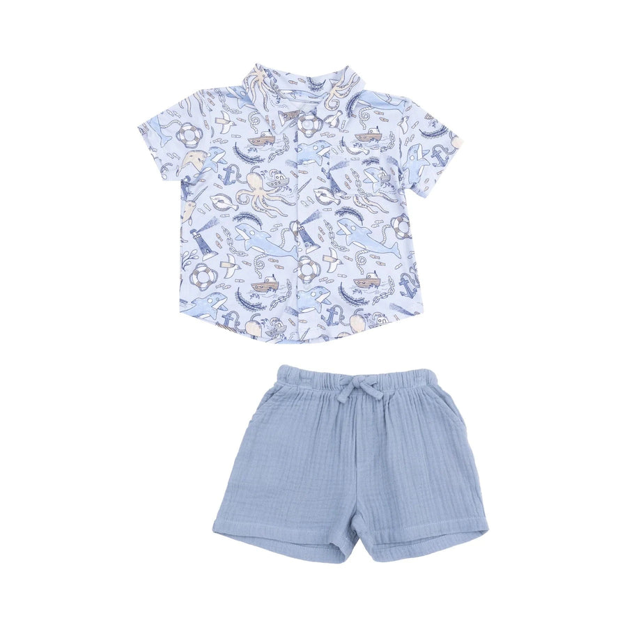 Angel Dear Baby Button Down Bamboo Polo and Muslin Short Set - Nautical Notebook
