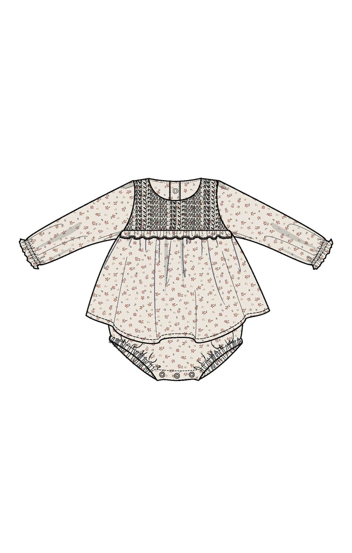 Angel Dear Baby Carrie Floral - Muslin - L/s Smocked Ruffle Bubble W/ Skirt