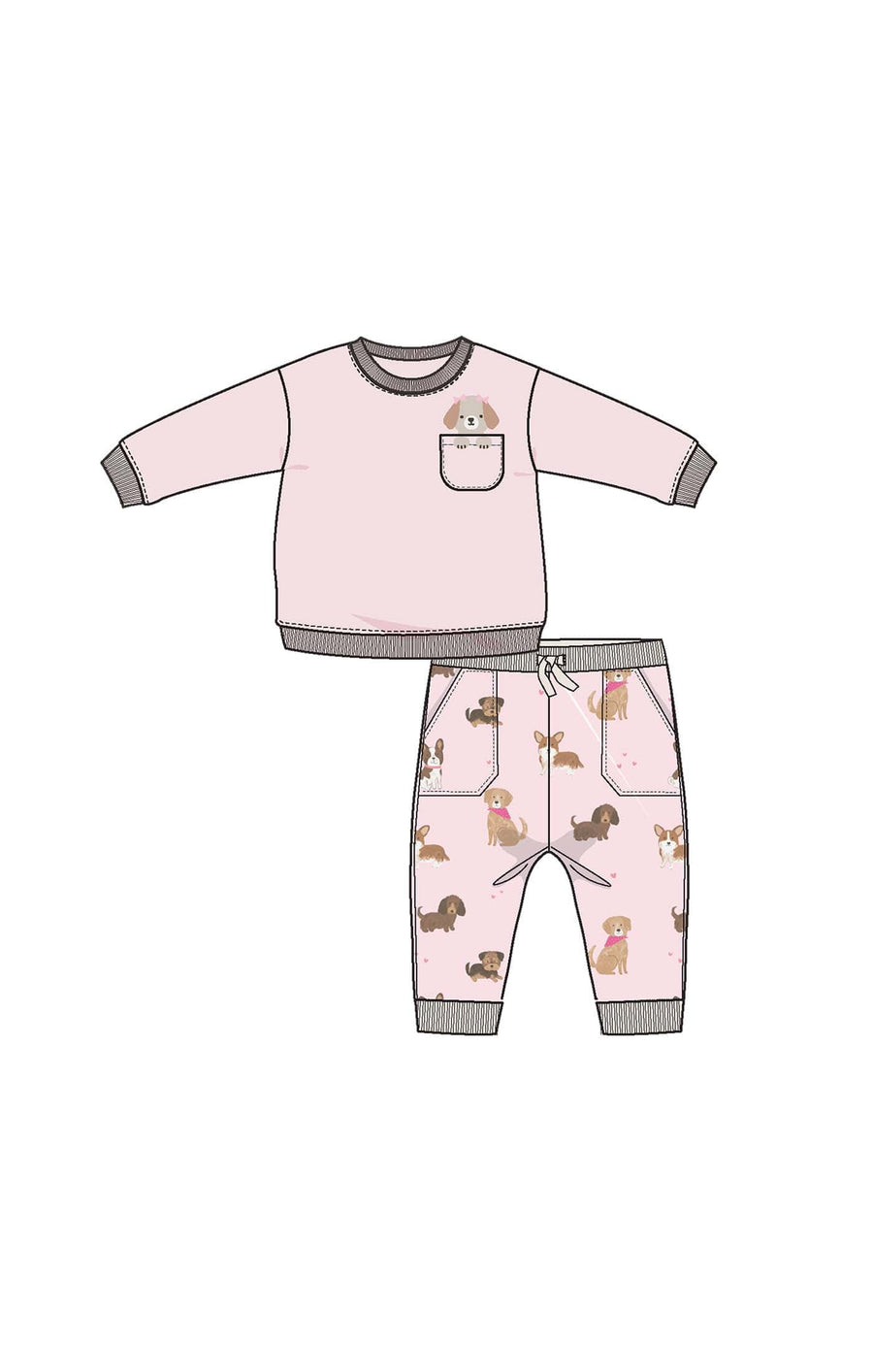 Angel Dear Baby Drop Sleeve Sweatshirt W/ Embroidered Dog Pocket And Jogger