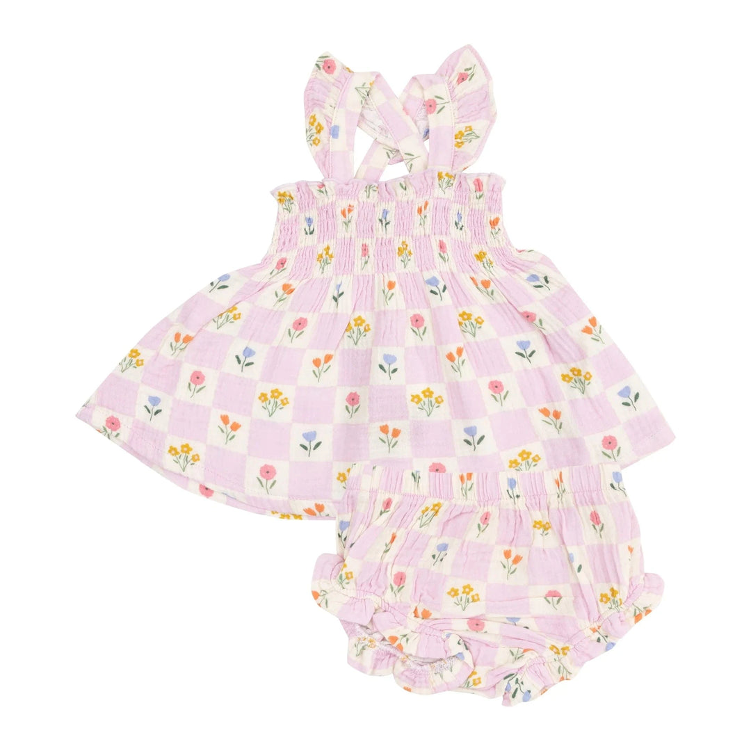 Angel Dear Baby Floral Check Ruffle Strap Smocked Top