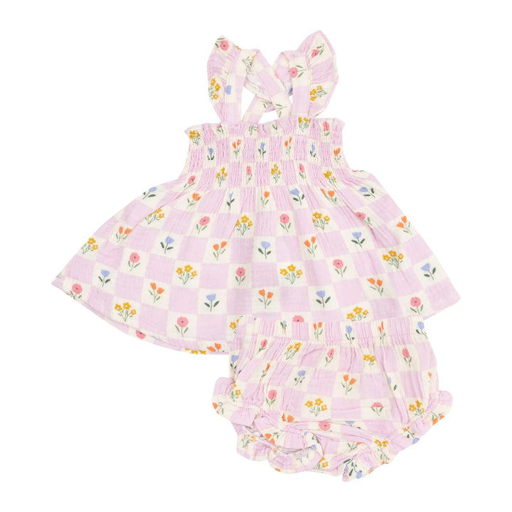 Angel Dear Baby Floral Check Ruffle Strap Smocked Top