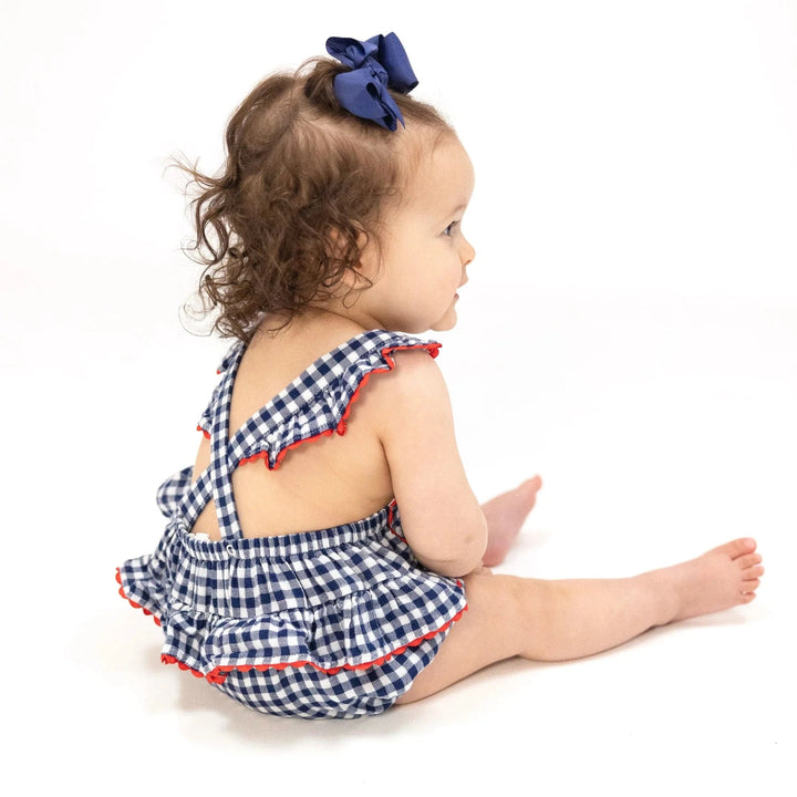 Angel Dear Baby Navy Gingham Ric-Rac Ruffle Sunsuit
