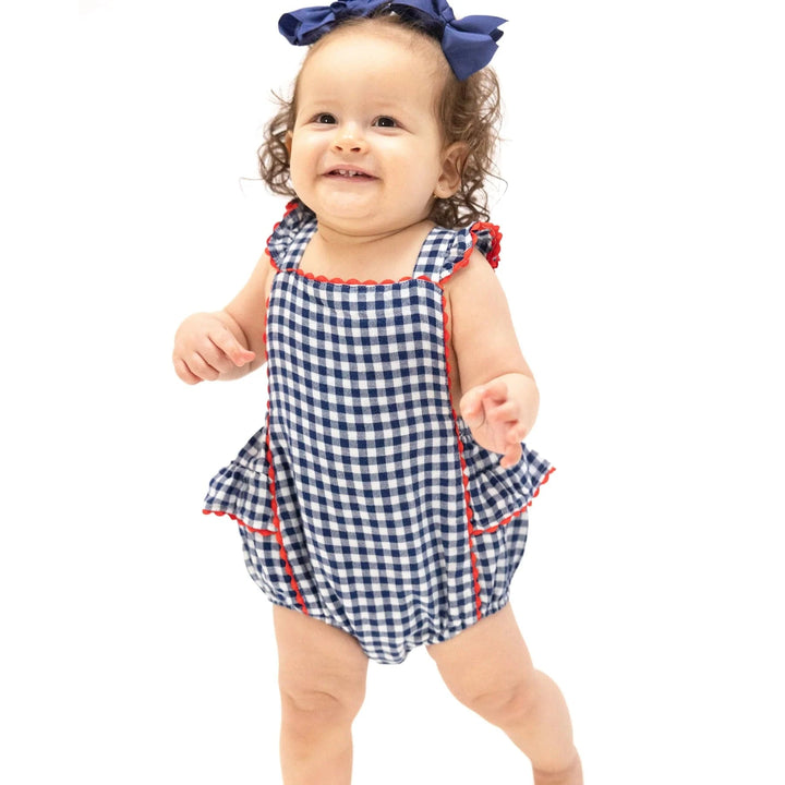 Angel Dear Baby Navy Gingham Ric-Rac Ruffle Sunsuit