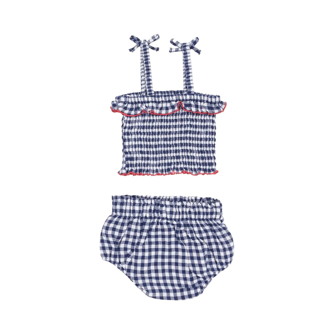 Angel Dear Baby Navy Gingham Smocked Ruffle Top And Bloomer