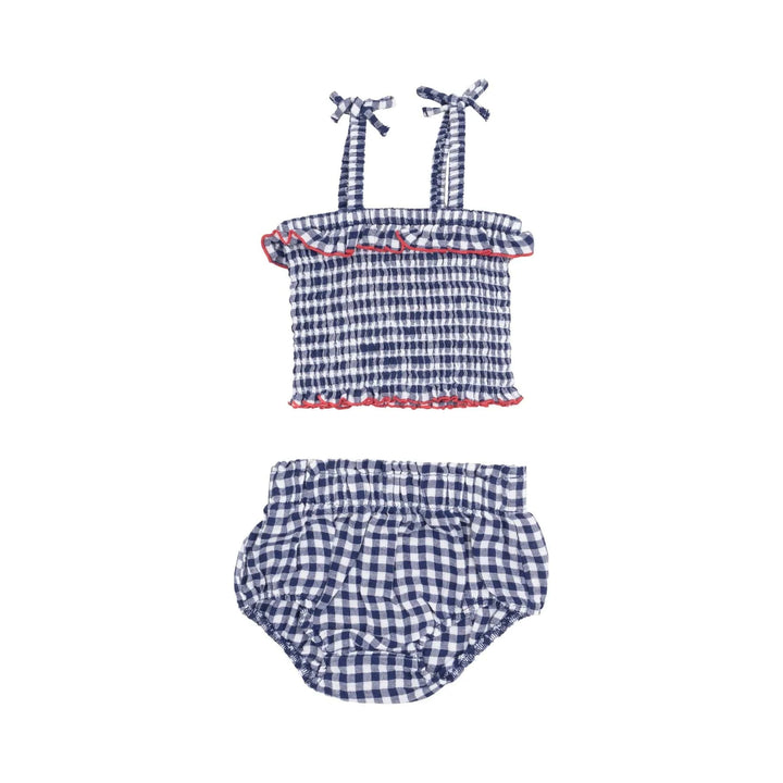 Angel Dear Baby Navy Gingham Smocked Ruffle Top And Bloomer