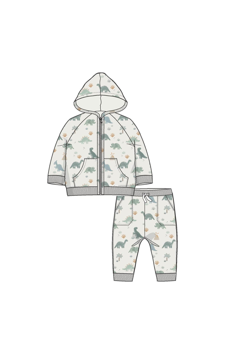 Angel Dear Baby Soft Dinos - French Terry- Green - Zip Hoodie And Jogger Set