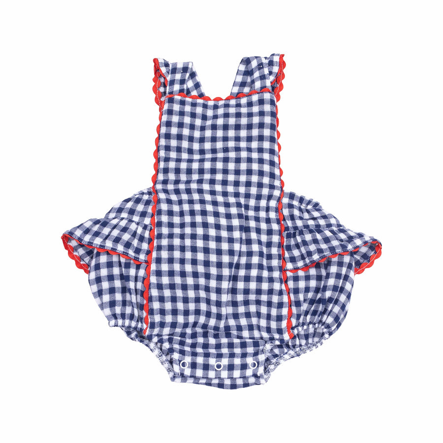 Angel Dear Baby & Toddler Tops Navy Gingham Ric-Rac Ruffle Sunsuit