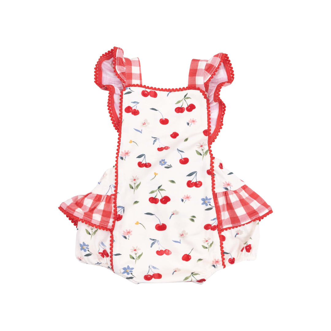 Angel Dear Baby & Toddler Tops Watercolor Cherries + Gingham Ric-Rac Ruffle Sunsuit