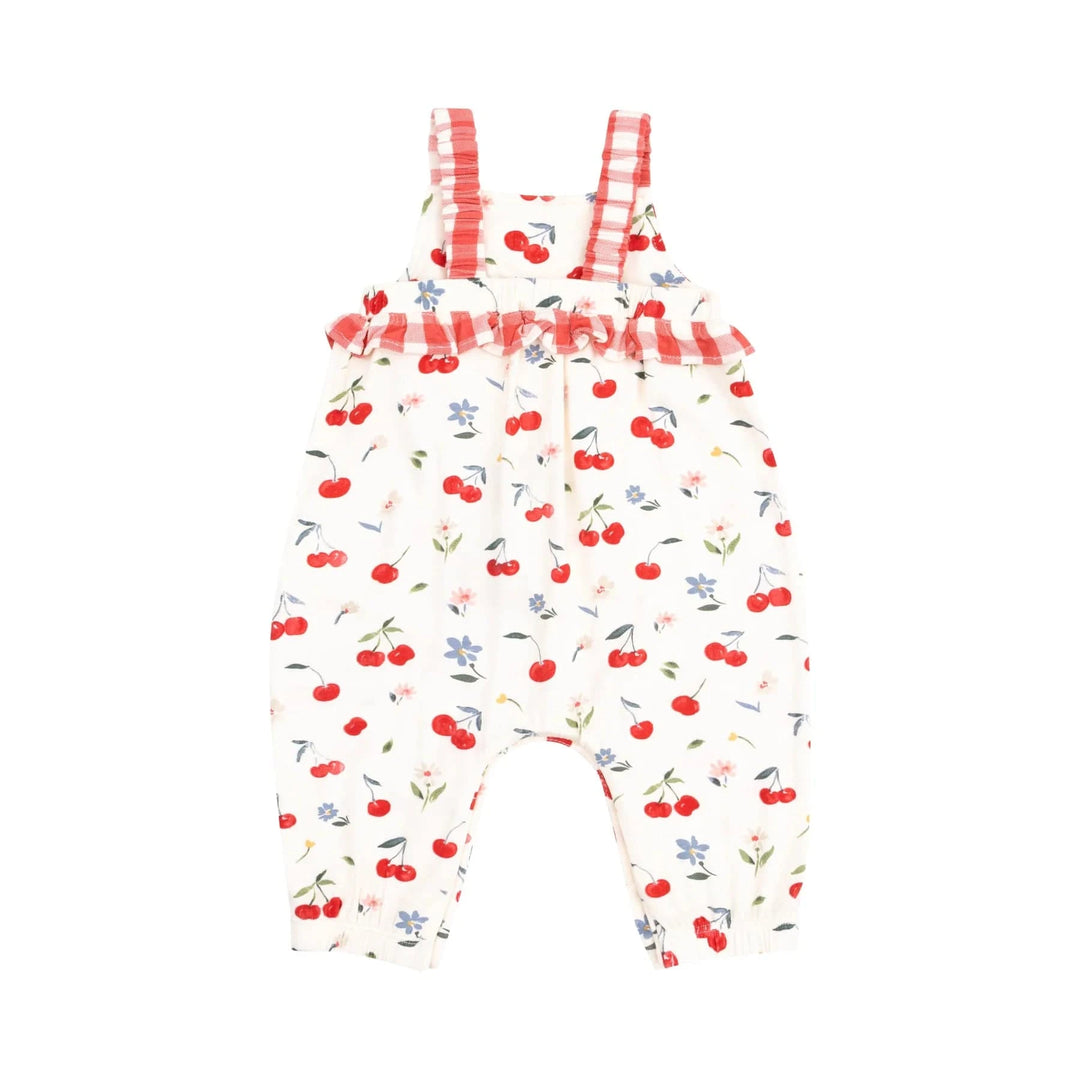 Angel Dear Baby Watercolor Cherries + Gingham Ruffle Waist Romper