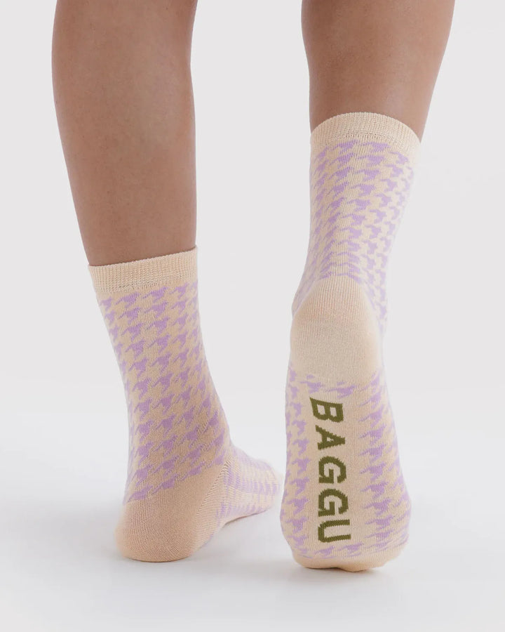 Baggu Fashion Crew Sock | Pink Houndstooth