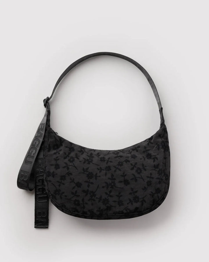 Baggu Fashion Medium Nylon Crescent Bag | Charcoal Ditsy Floral