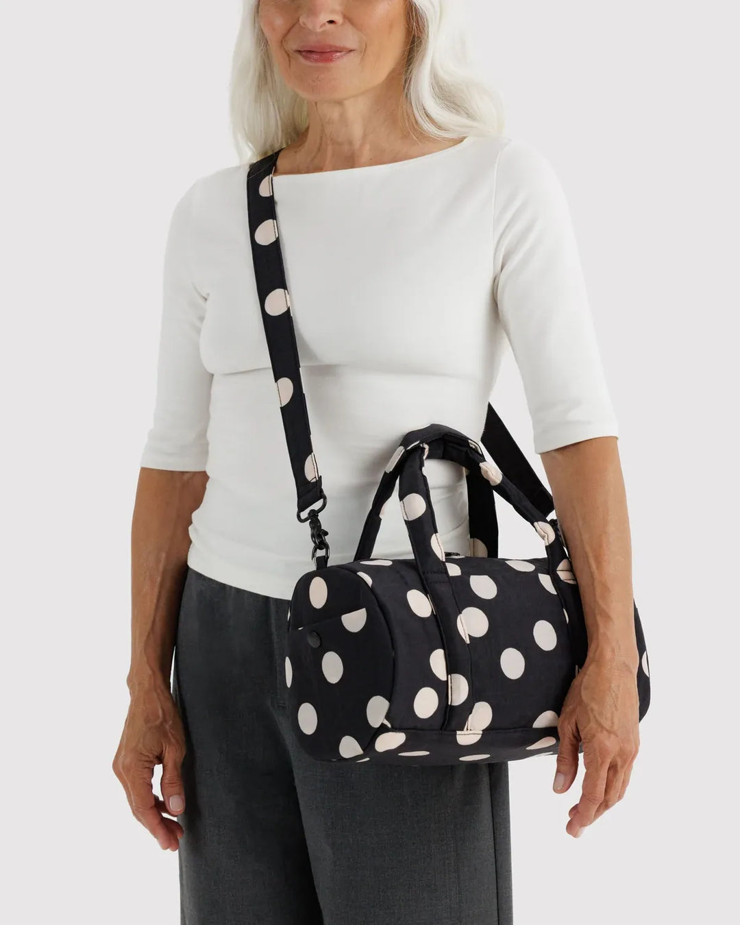 Baggu Fashion Nylon Duffle Bag | Black And Cream Polka Dot