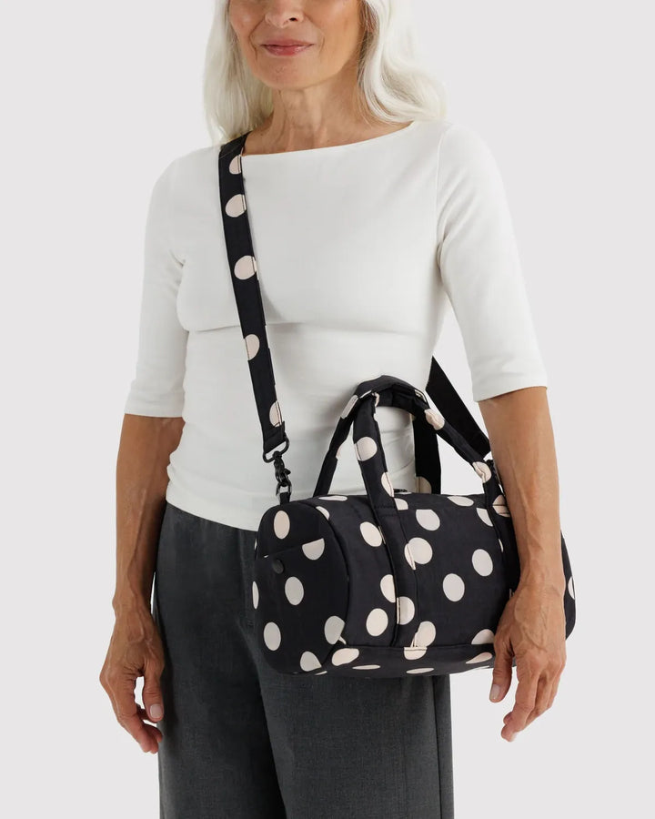 Baggu Fashion Nylon Duffle Bag | Black And Cream Polka Dot