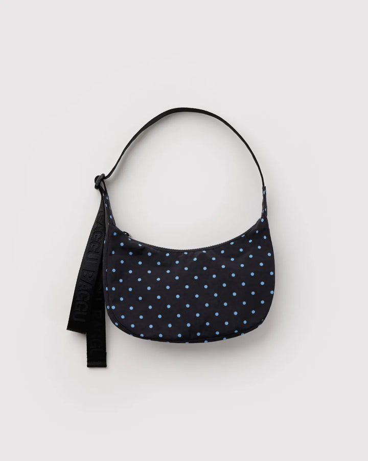 Baggu Fashion Small Nylon Crescent Bag | Black And Sky Blue Micro Dot