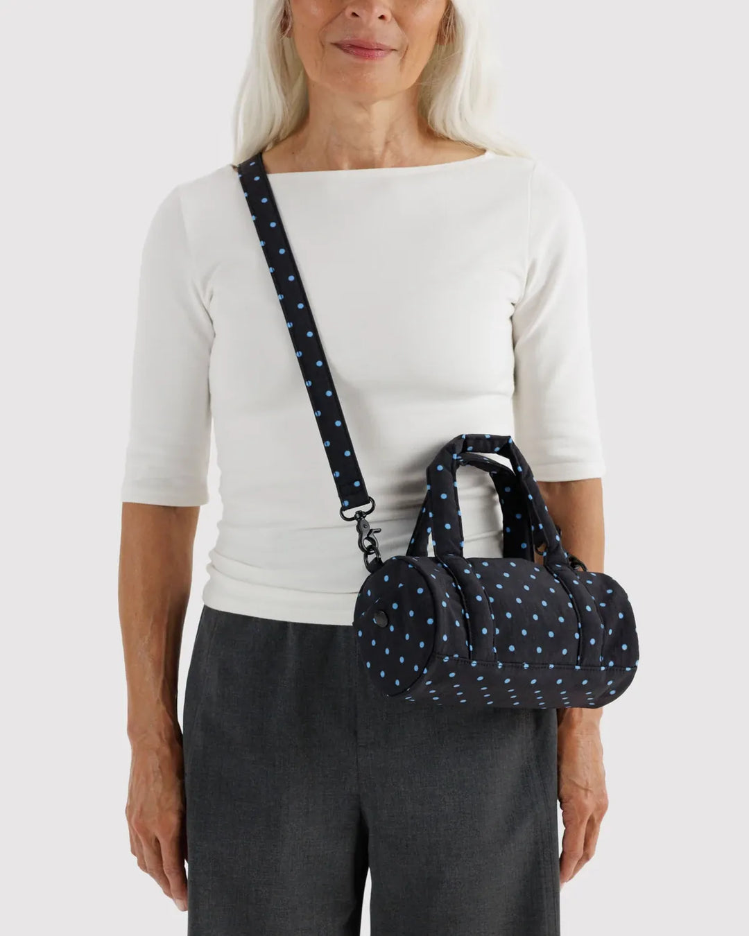 Baggu Fashion Small Nylon Duffle Bag | Black And Sky Blue Micro Dot