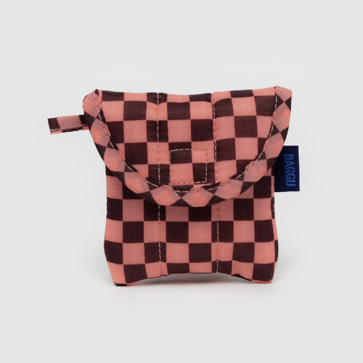 Baggu Pouch Pink Brown Check Puffy Earbuds Case