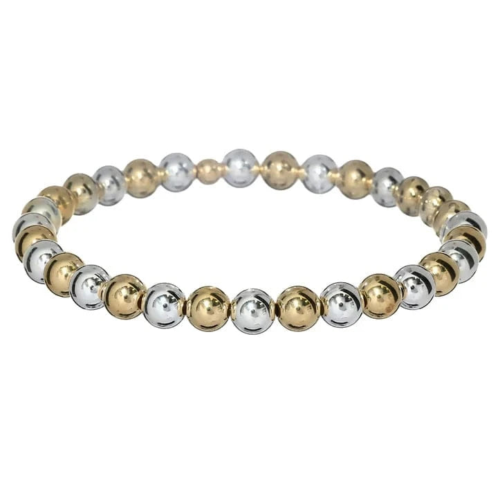 bara boheme Bracelet 2 Tone - Gold Filled + Sterling Silver / Stretchy 7" 6mm Classic Ball Bead Bracelet