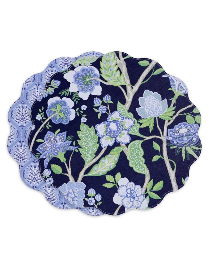 Beatriz Ball Home VIDA Blooms & Branches Reversible Round Placemats Set of 4 Navy & Green