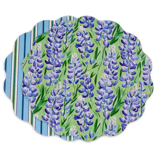 Beatriz Ball Home VIDA Bluebonnet & Stripes Reversible Round Placemats Set of 4 Blue & Green