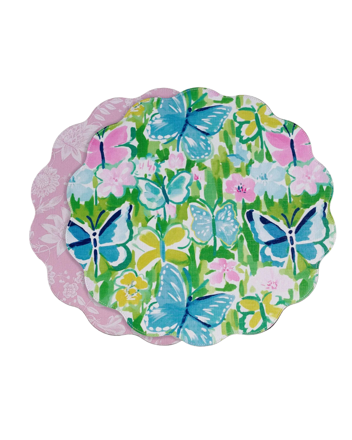 Beatriz Ball Home VIDA Butterfly Garden & Flowers Reversible Round Placemats Set of 4 Pastels