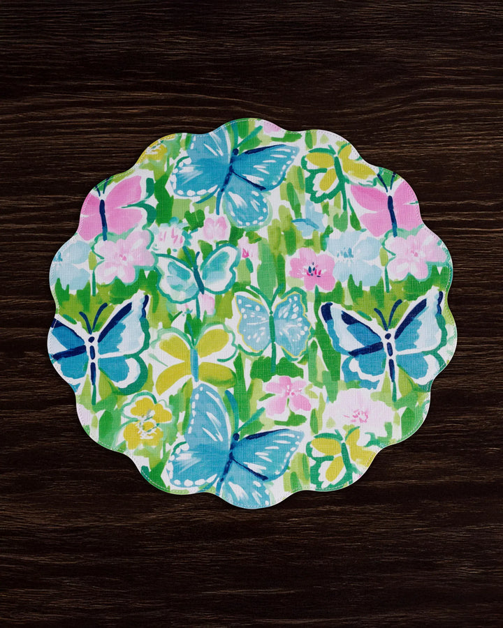 Beatriz Ball Home VIDA Butterfly Garden & Flowers Reversible Round Placemats Set of 4 Pastels