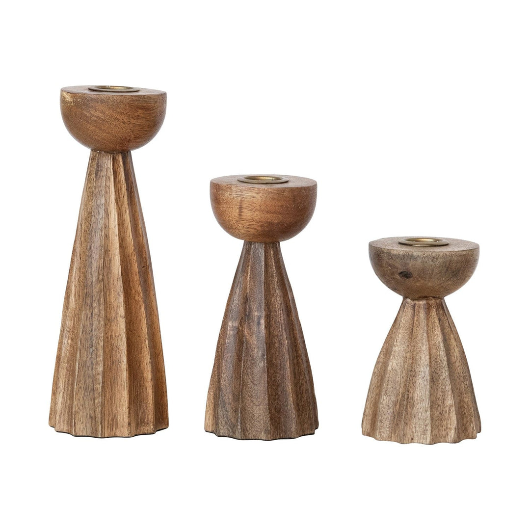 Bloomingville Home Carved Mango Wood Pleated Taper Holders, Natural, Set of 3