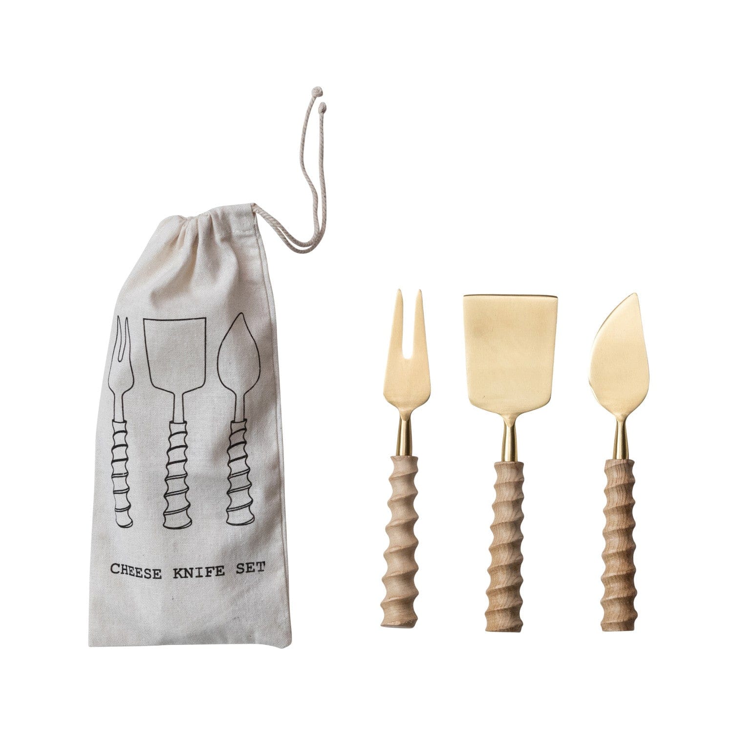 Bloomingville Home Cheese Knives with Carved Handles, Set of 3 in Drawstring Bag