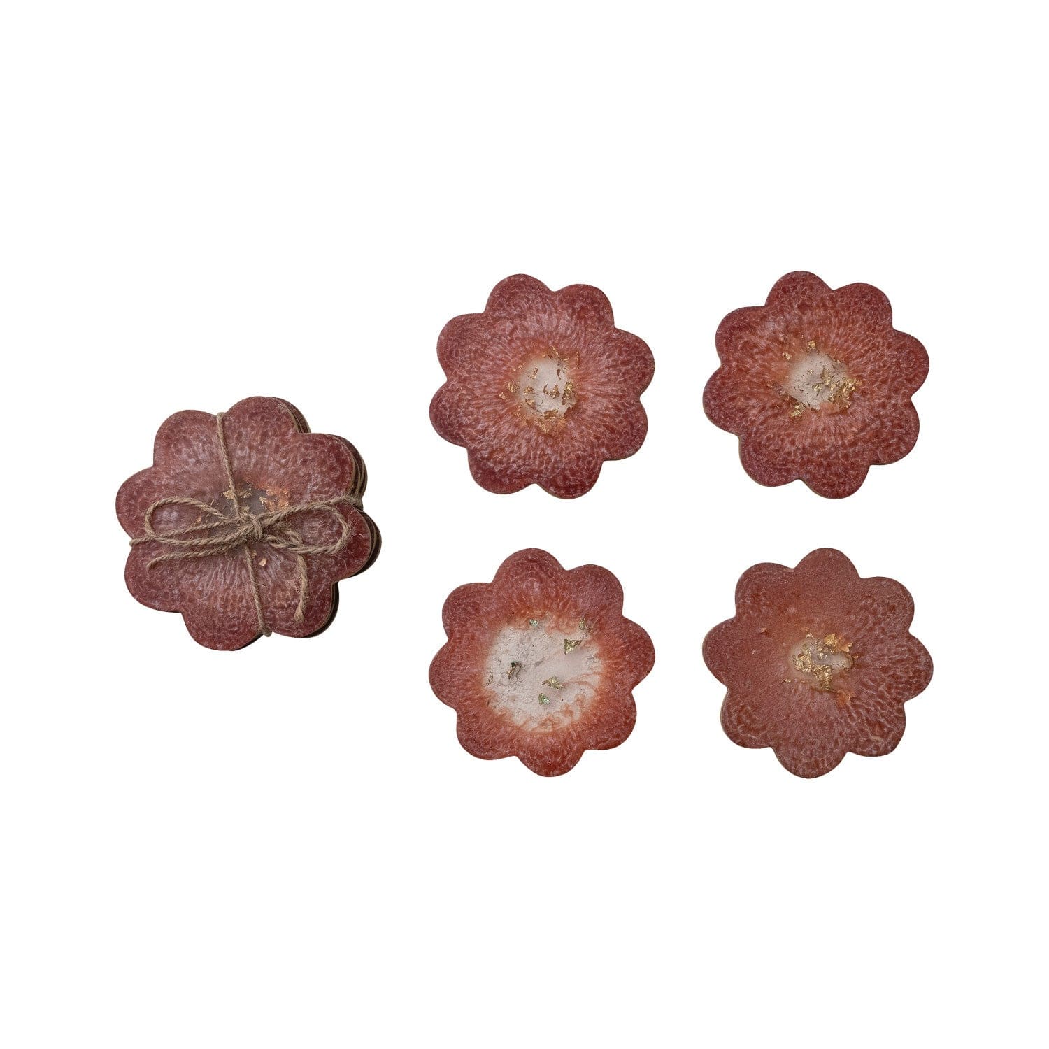Bloomingville Home Flower Shaped Coasters with Gold Foil, Set of 4 Tied with Jute