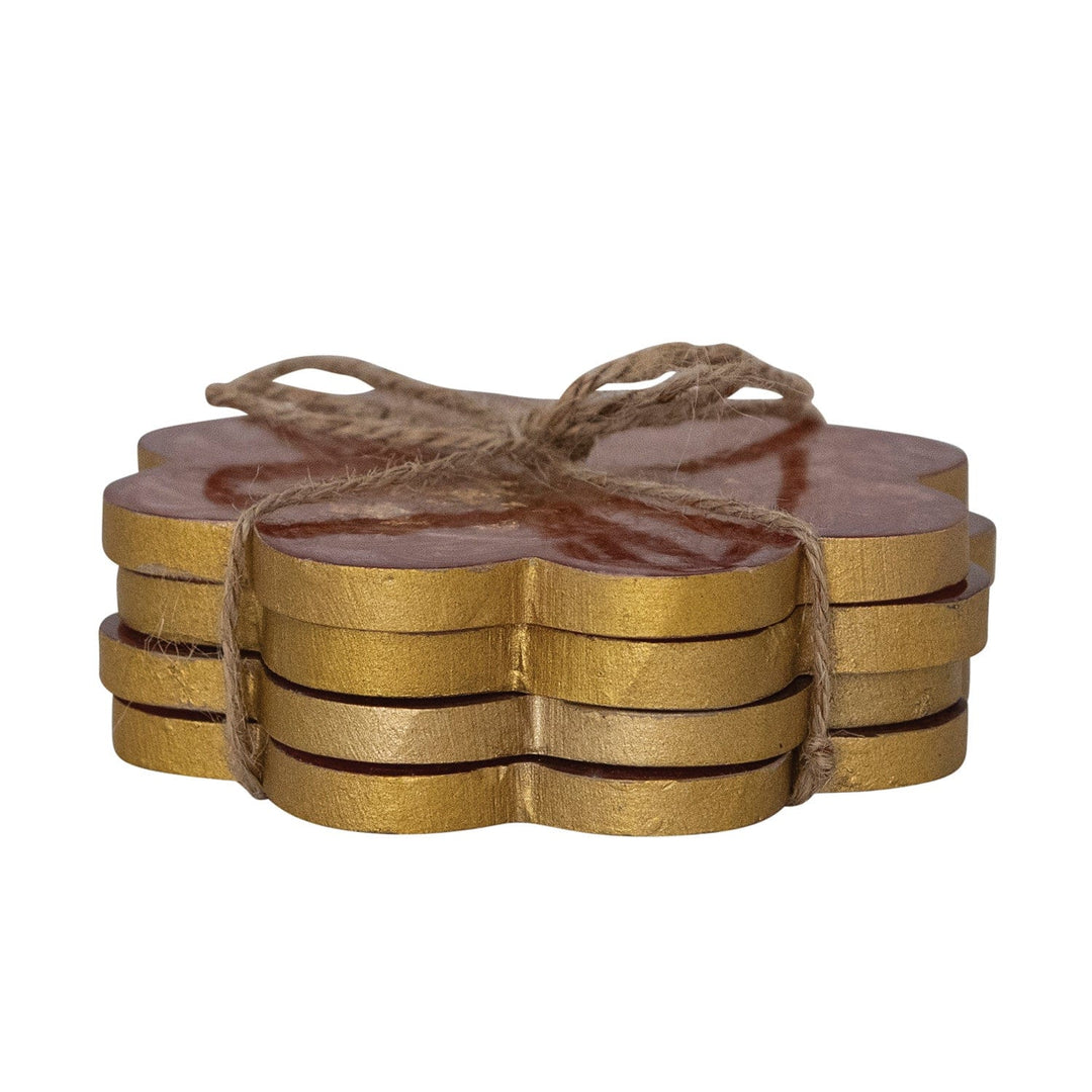 Bloomingville Home Flower Shaped Coasters with Gold Foil, Set of 4 Tied with Jute