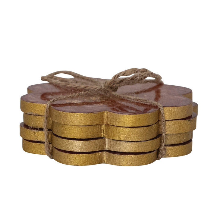 Bloomingville Home Flower Shaped Coasters with Gold Foil, Set of 4 Tied with Jute