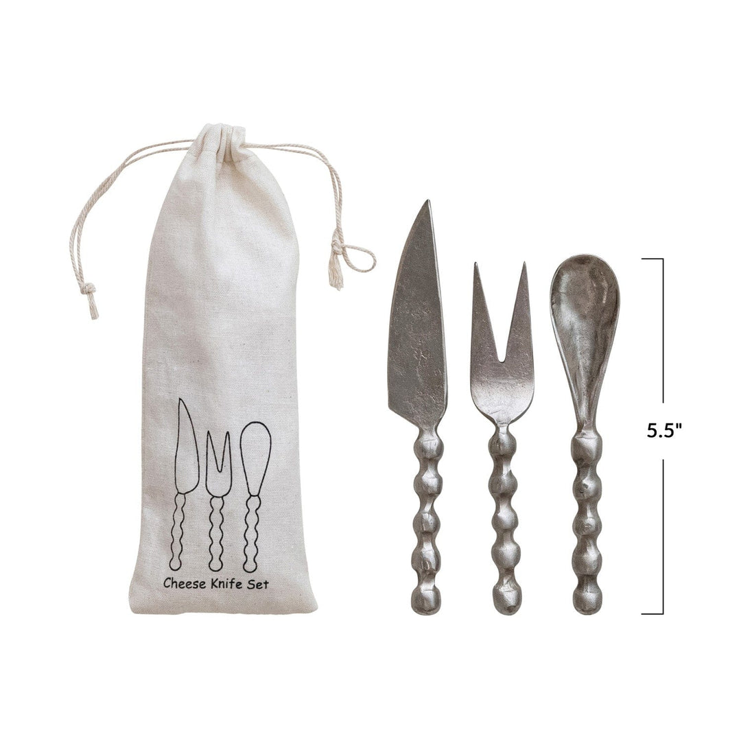 Bloomingville Home Hand-Forged Iron Cheese Knives w/ Handles, Set of 3 in Printed Drawstring Bag