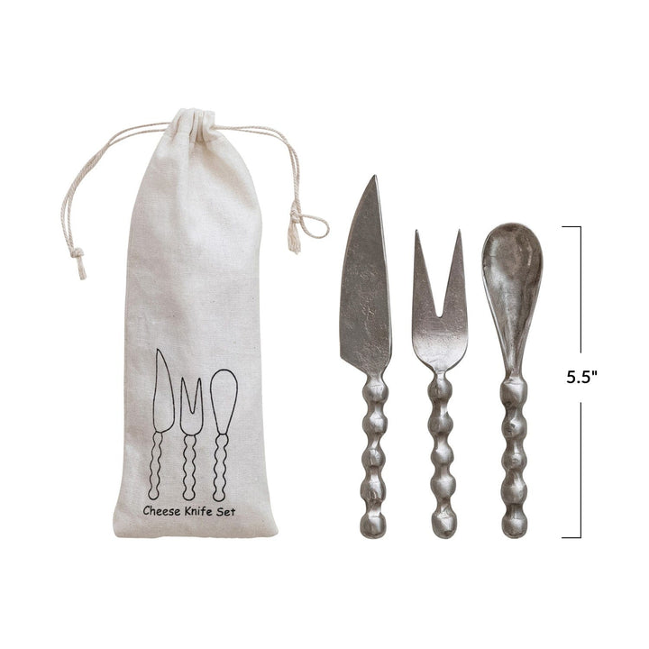 Bloomingville Home Hand-Forged Iron Cheese Knives w/ Handles, Set of 3 in Printed Drawstring Bag